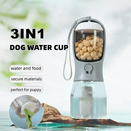 Garrafa Portátil 3 em 1 para Cães – Água, Comida e Sacos